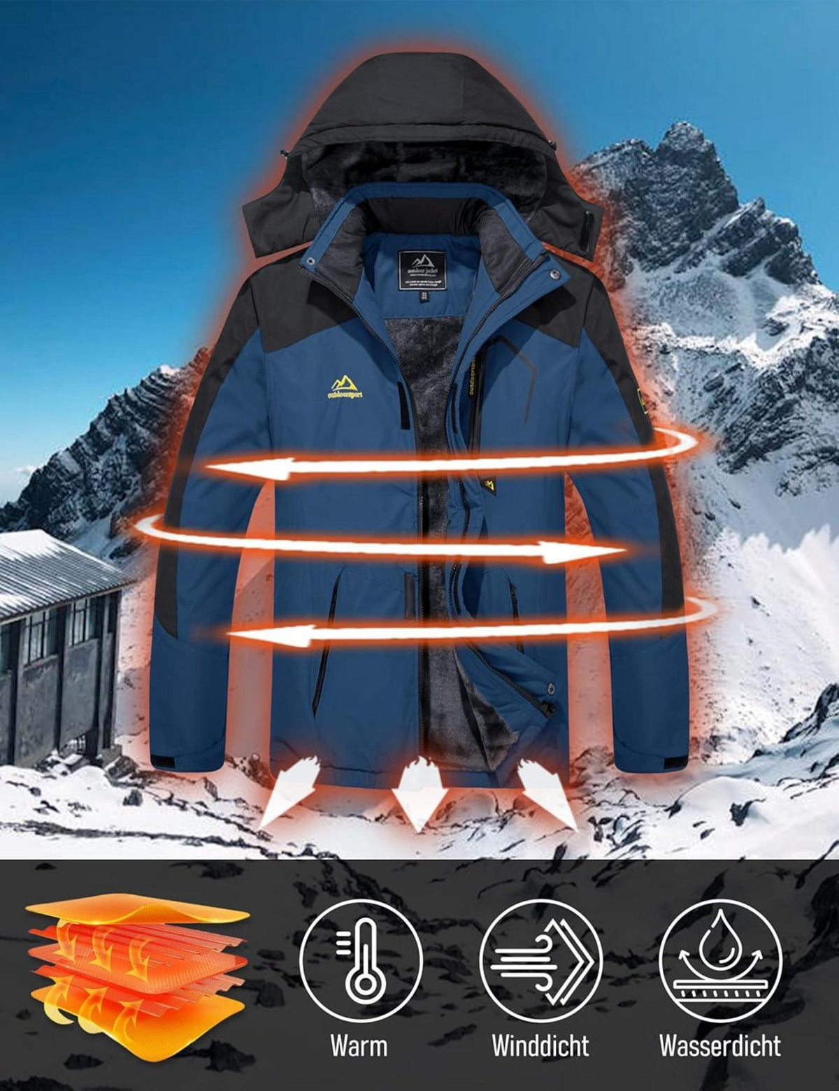 Winter Skijacke Fleece Gefüttert Softshell Wasserdicht Blau