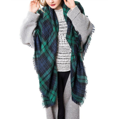 Schal Damen Karo Tartan Fransen Poncho Dunkelgrün