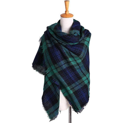 Schal Damen Karo Tartan Fransen Poncho Dunkelgrün