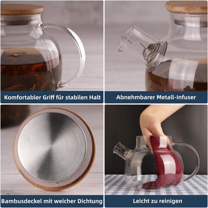 Glas-Teekanne mit Bambusdeckel und Teesieb, 600ML