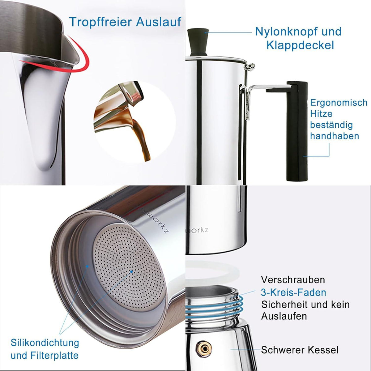 Espressokocher Edelstahl für Induktions-Gas 6 Tassen 300ml Silber