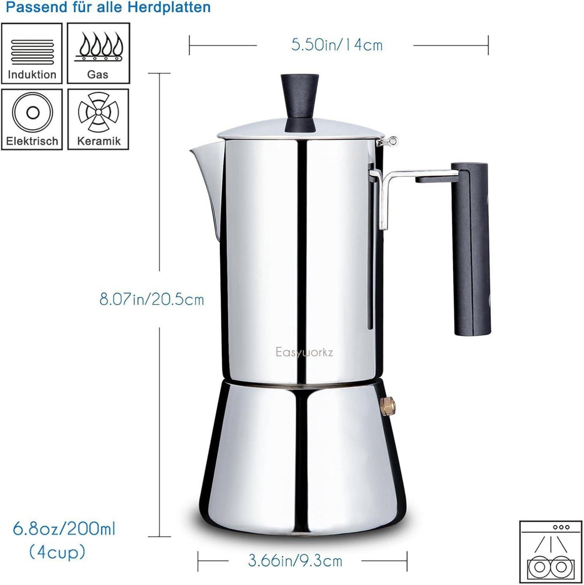 Espressokocher Edelstahl 4 Tassen 200ml für alle Herde