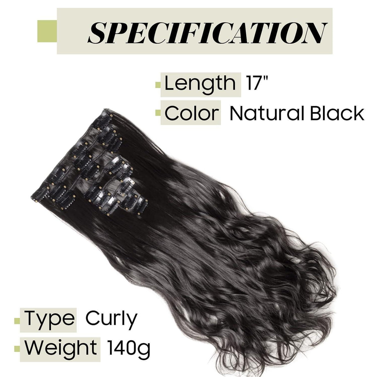 Welliges Haarverlängerung Set – Voller Kopf, 43cm, Schwarz