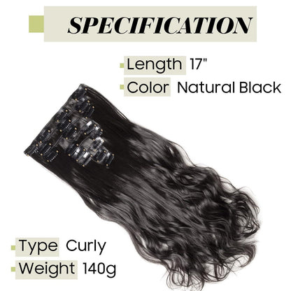 Welliges Haarverlängerung Set – Voller Kopf, 43cm, Schwarz