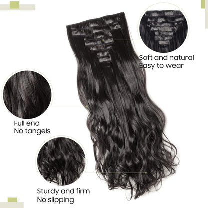 Welliges Haarverlängerung Set – Voller Kopf, 43cm, Schwarz