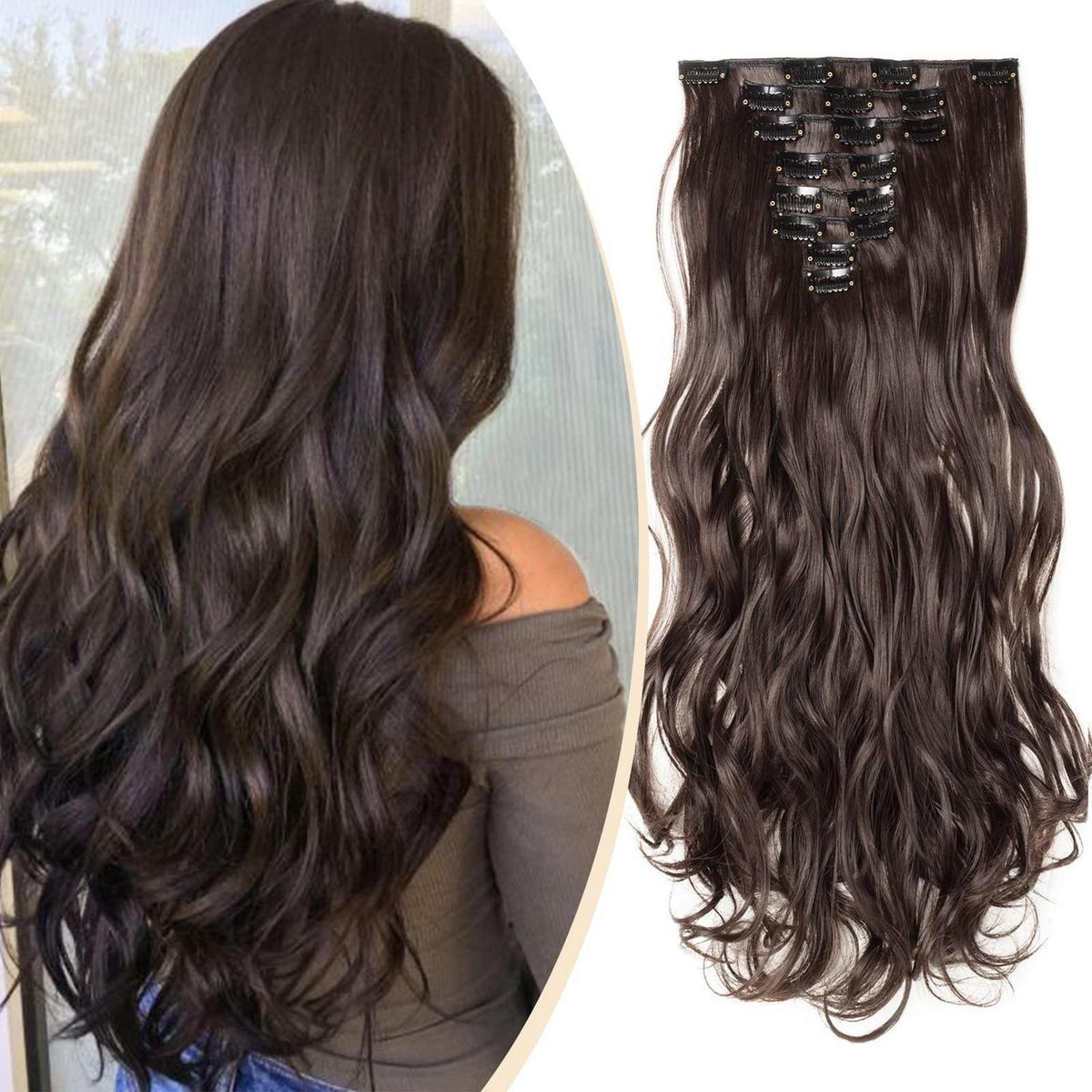 Dunkelbraune gewellte Haarverlängerung – 8-teiliges Set