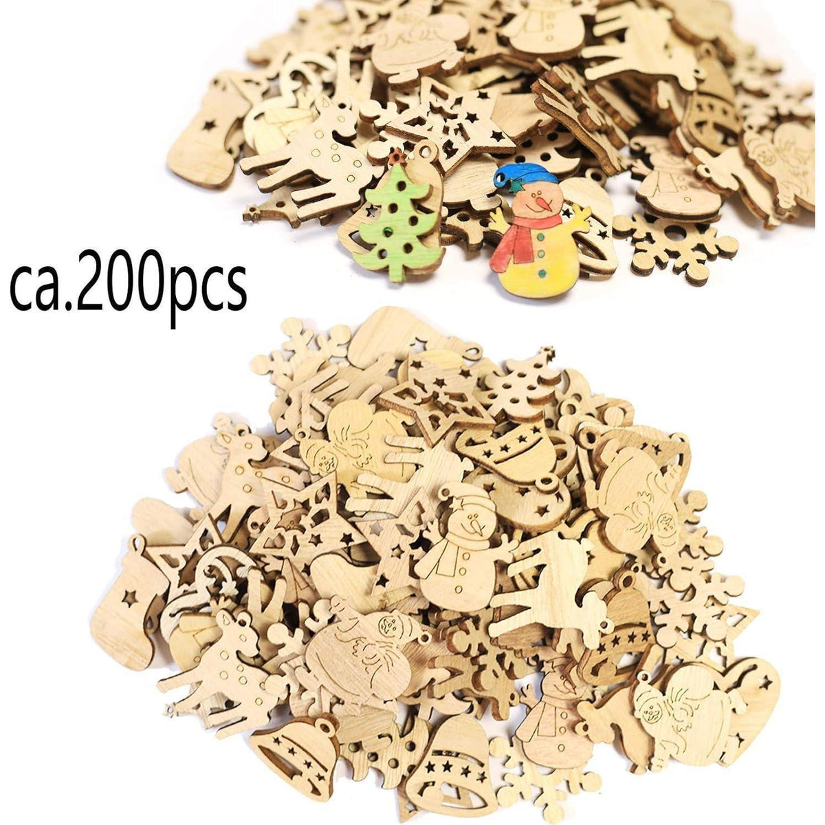 200 Mini Holzdekorationen Weihnachten – Schneeflocken & Weihnachtsmann