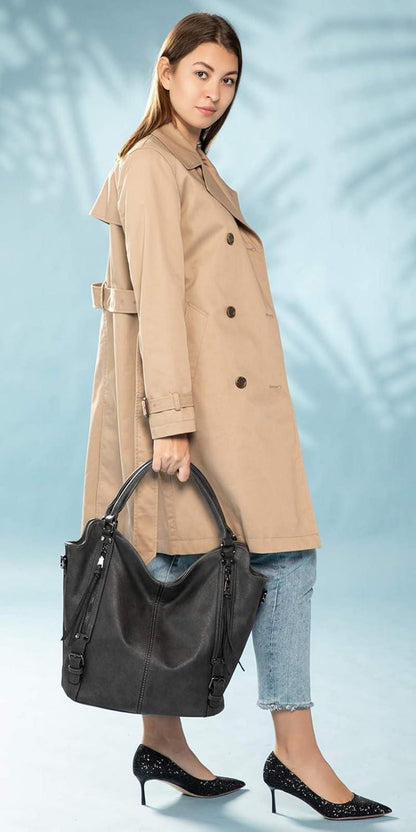 Damen Handtaschen Set Shopper Schultertasche Einkauf Reise Dunkelgrau