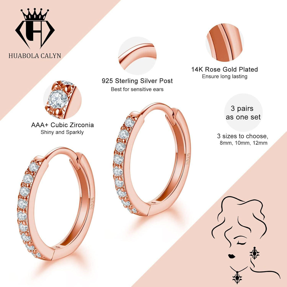 Kleine Creolen 925 Silber Rosegold AAA Zirkonia 3 Größen