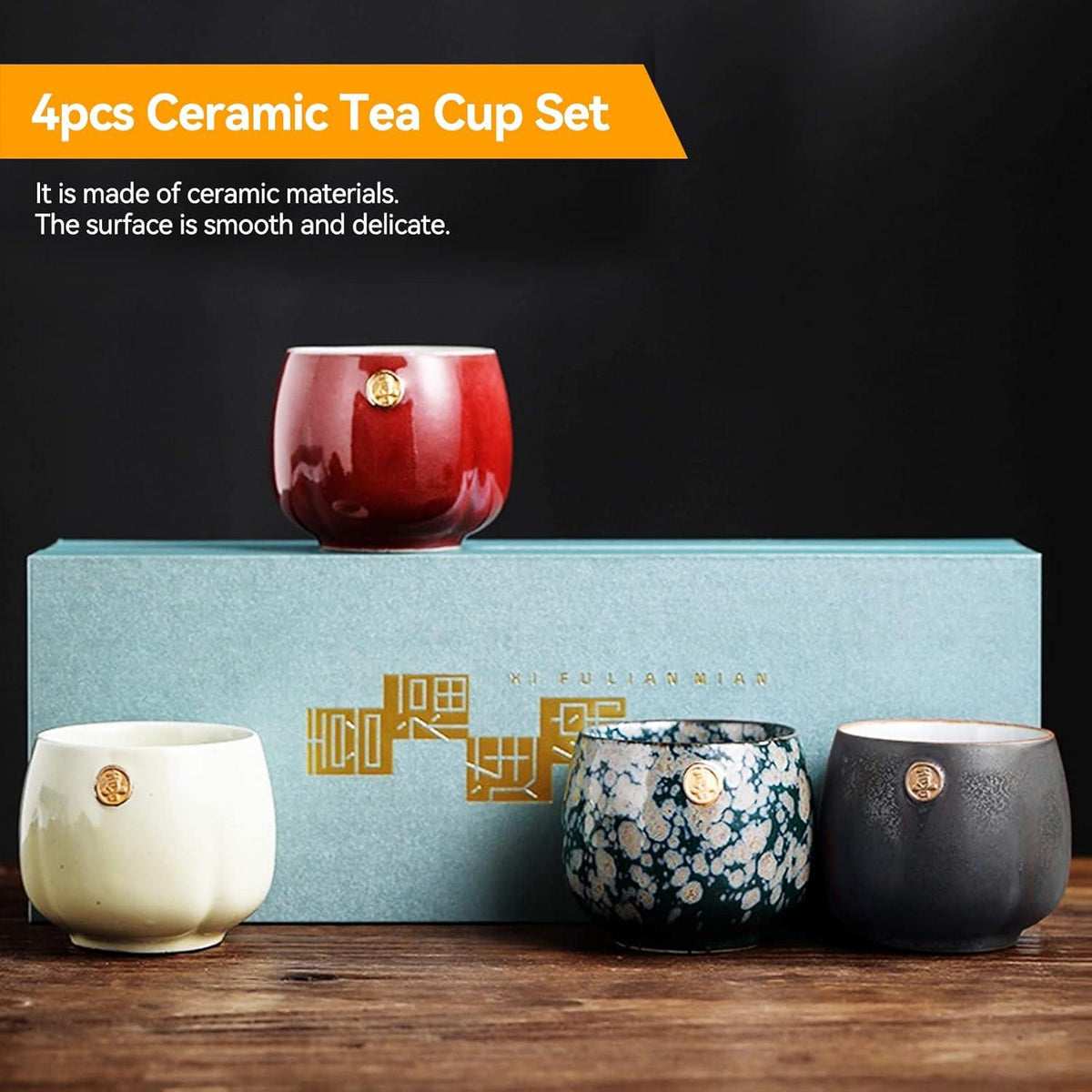 HERCHR 4-teiliges Keramik-Teetassen-Set japanischer/chinesischer Stil