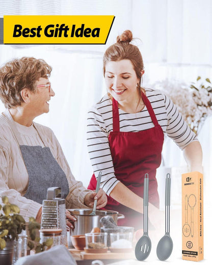 2er Set große Silikon-Kochlöffel hitzebeständig zum Kochen Rühren Servieren Grau