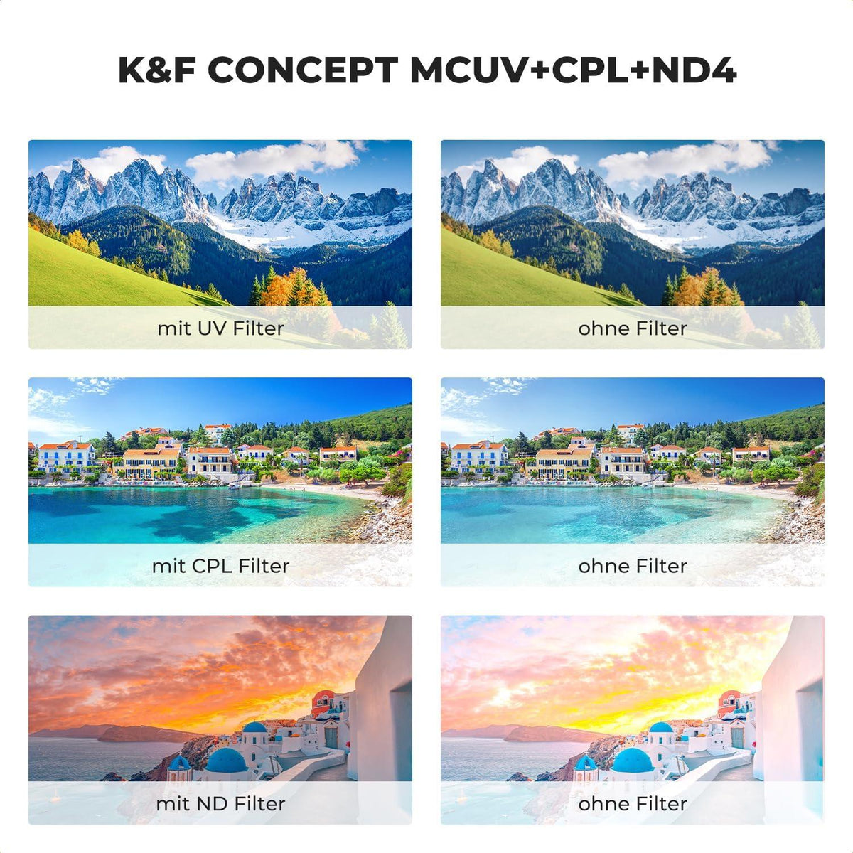 55mm K&F Concept Filter Set UV+CPL+ND4 für Fotografie