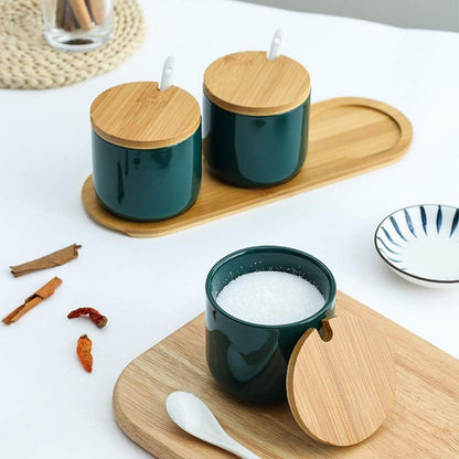 Keramik Gewürzdosen Set mit Löffel und Bambusdeckel 260ml Elegantes Design