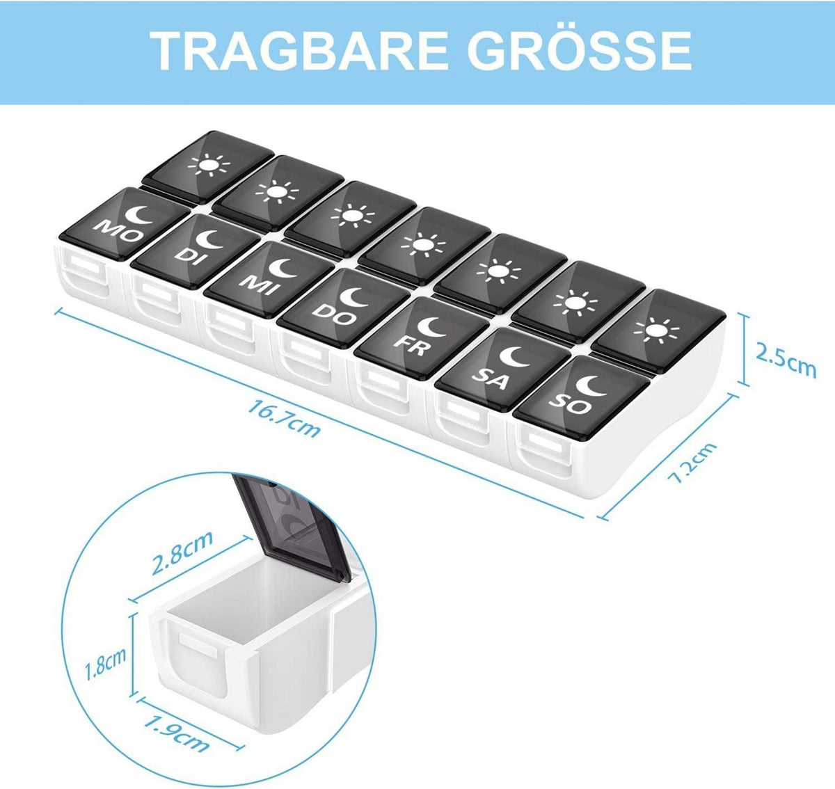 Tablettenbox 7 Tage 2 Fächer Abnehmbar BPA frei Schwarzi