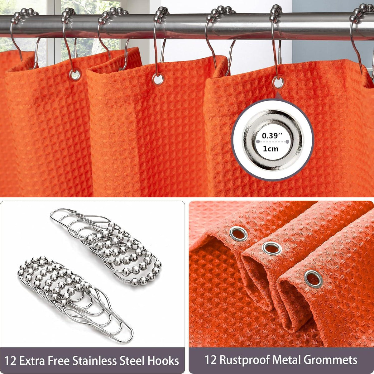 Waffel Duschvorhang Anti Schimmel mit Metallringen 182x214cm Orange