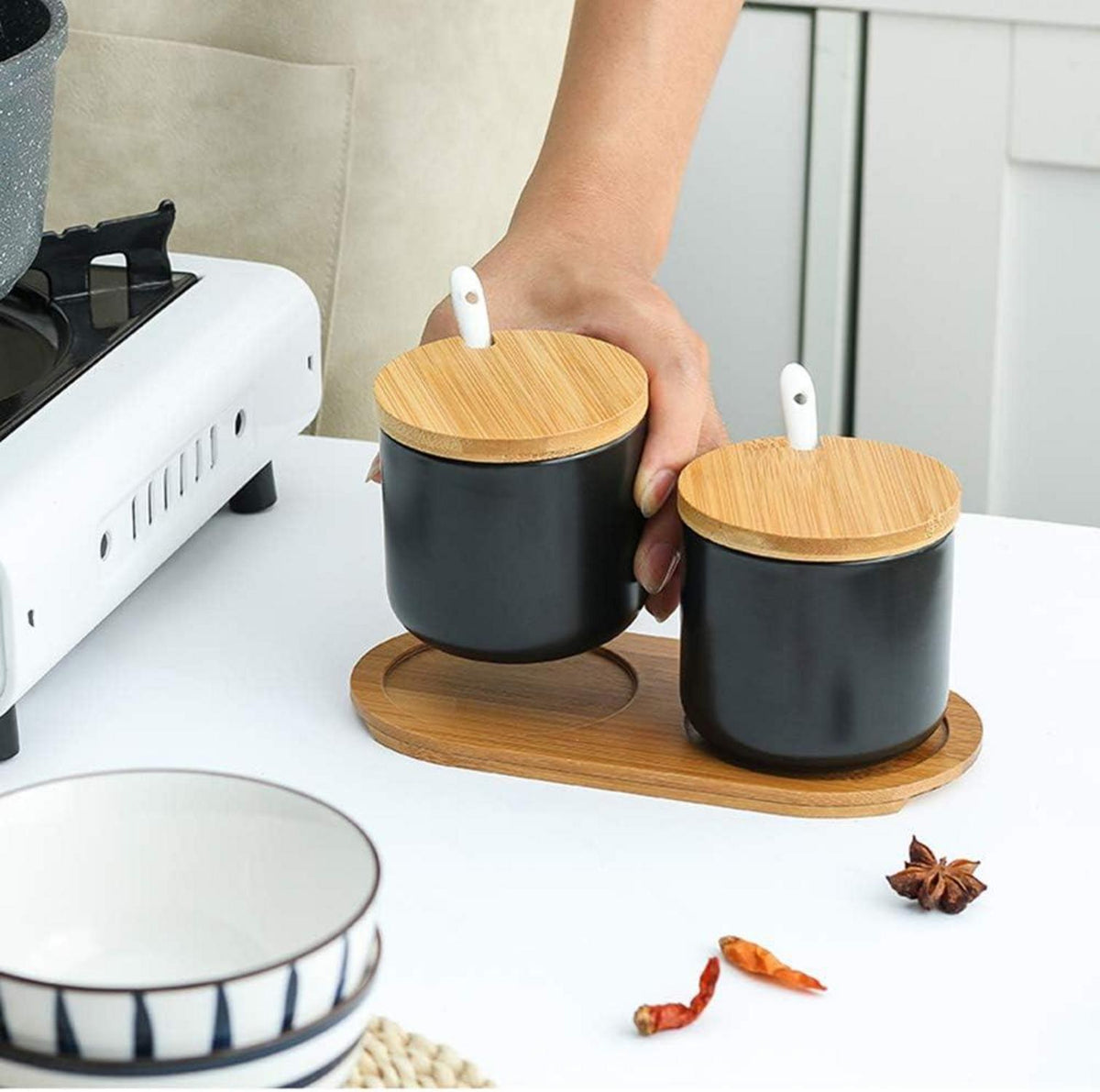 Keramik Gewürzdosen Set mit Bambusdeckel und Löffel 260ml
