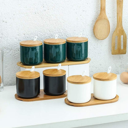 Keramik Gewürzdosen Set Salztopf Zuckerdose Bambus Löffel 260ml