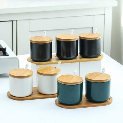 Keramik Gewürzdosen Set Salztopf Zuckerdose Bambus Löffel 260ml