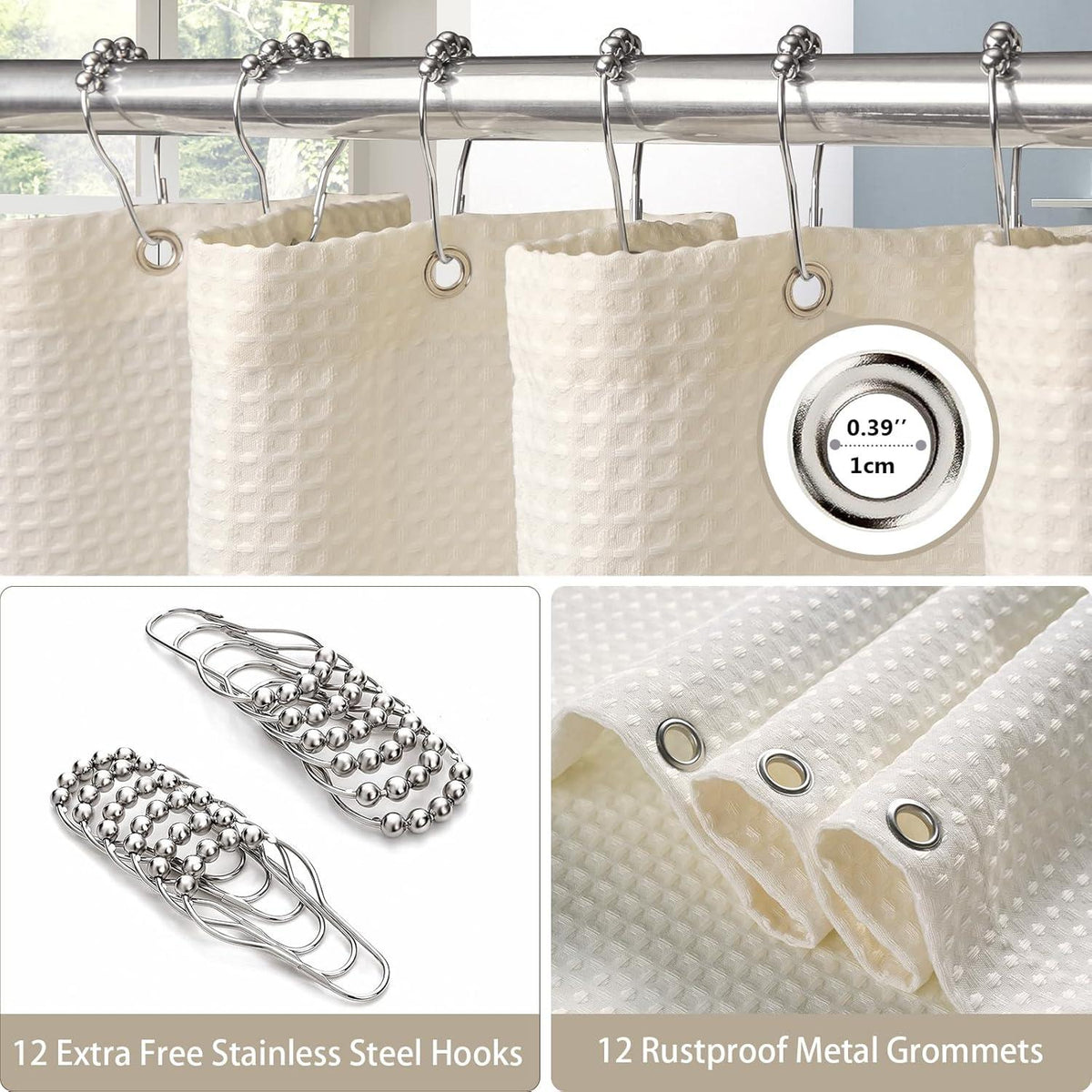 Waffel Duschvorhang Metallringe Stoff Textil Bad Vorhang Set Anti Schimmel Wasserdicht 182x214cm Creme