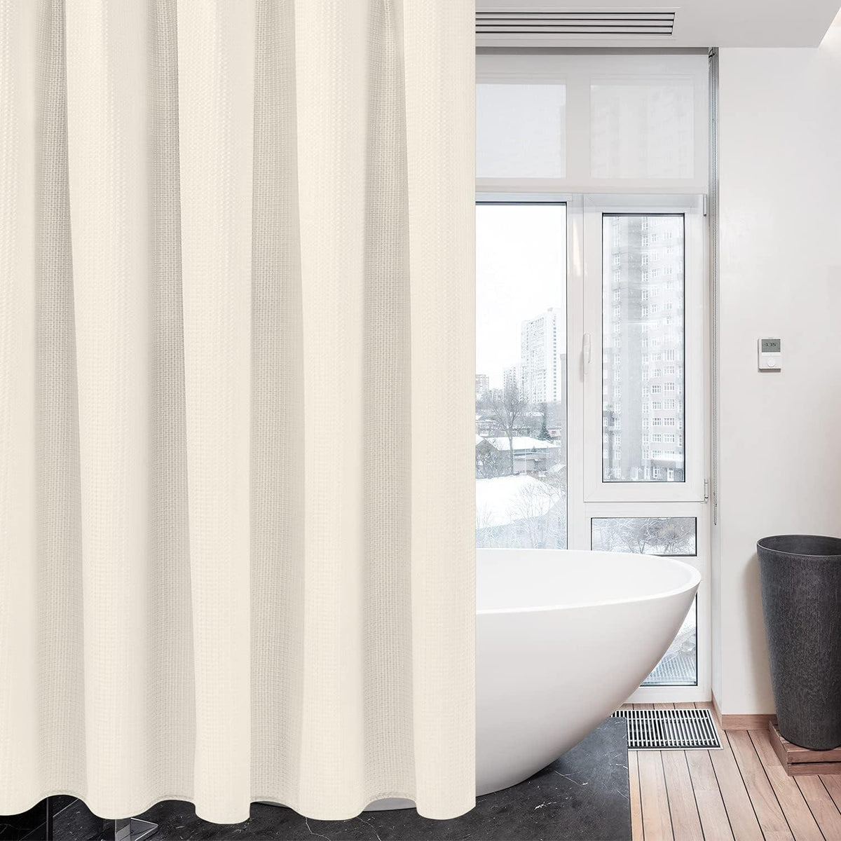 Waffel Duschvorhang Metallringe Stoff Textil Bad Vorhang Set Anti Schimmel Wasserdicht 182x214cm Creme