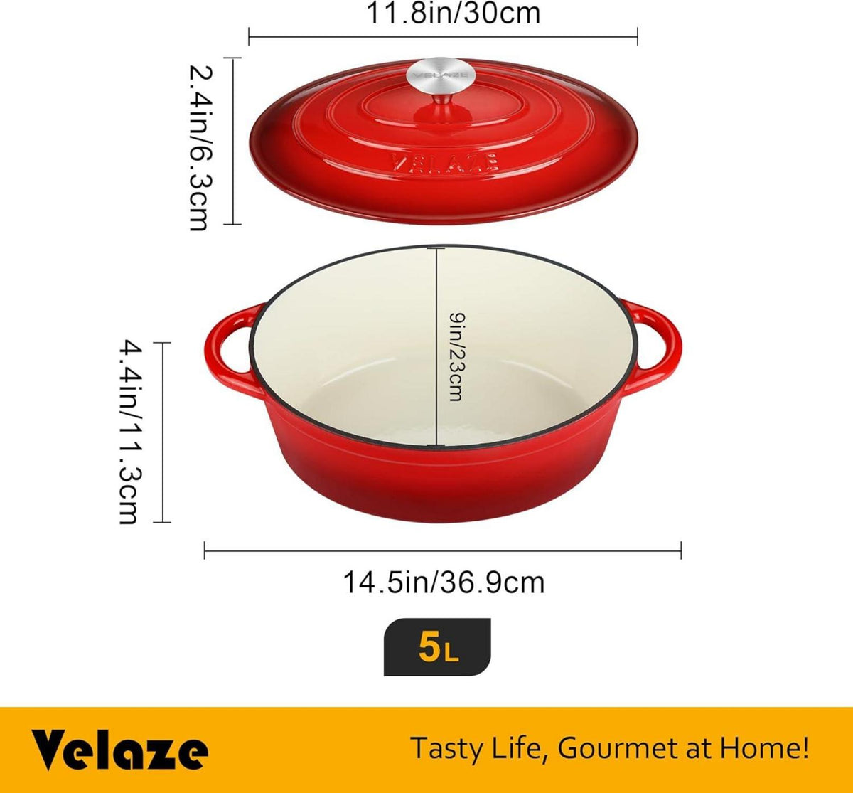 Velaze Gusseisen Bräter oval 30cm Deckel 5L Schmortopf