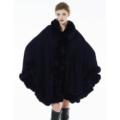 Damen Kunstpelz Poncho Strick Cape Dunkelblau