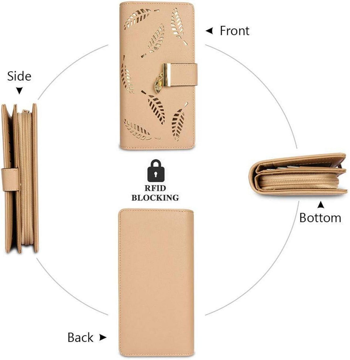 CHAOFANXI Damen-Geldbörse hohles Blattmuster Bifold Leder Lang Zip Geschenke Frauen Mädchen Khaki