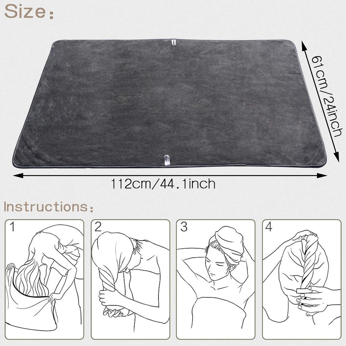 Haartuch Mikrofaser Groß Schnelltrocknend 61x112cm 1er Pack Grau
