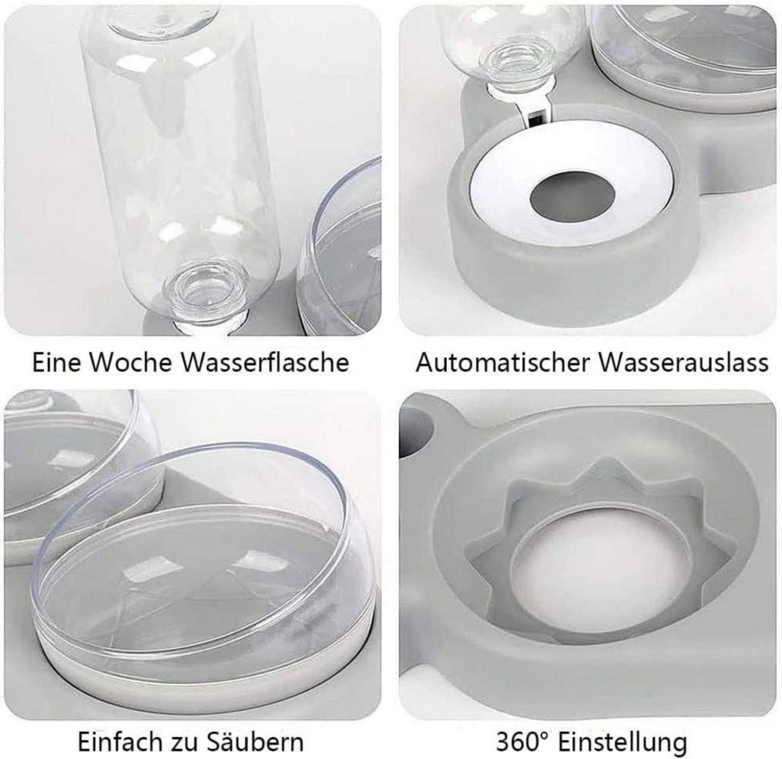 Katzennapf-Set 15° Neigbar Doppelter Futternapf Nass Trockenfutter Aut. Wasserflasche Gray
