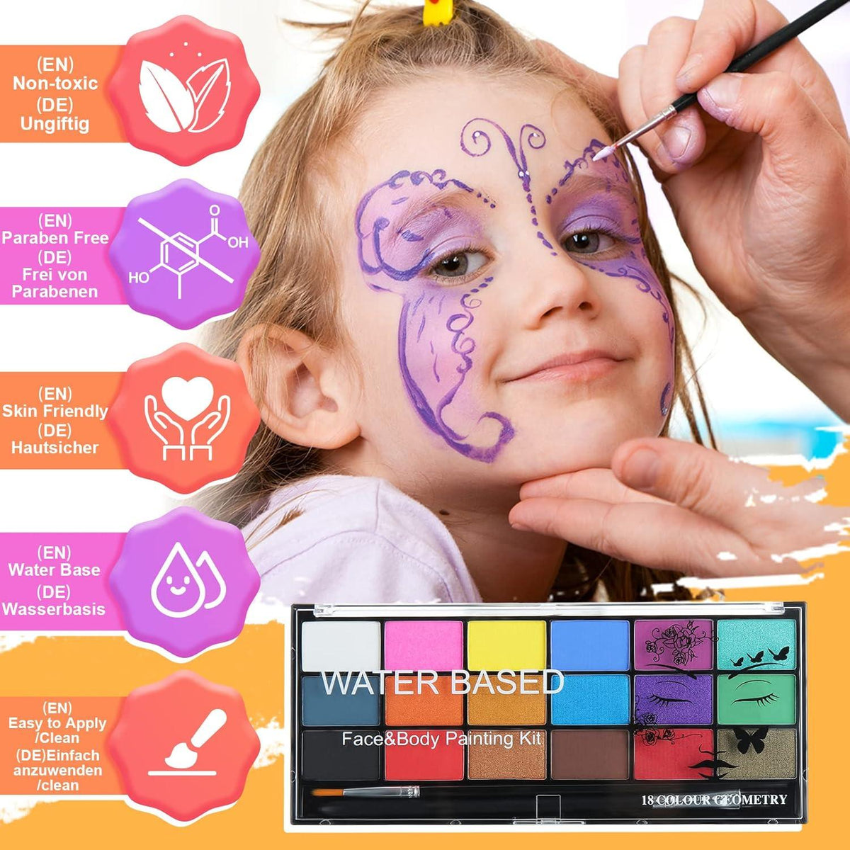 Janolia Kinderschminken Set, Gesichts- und Körperfarben, Fasching Halloween Ostern, 18 Farben, 2 Pinsel