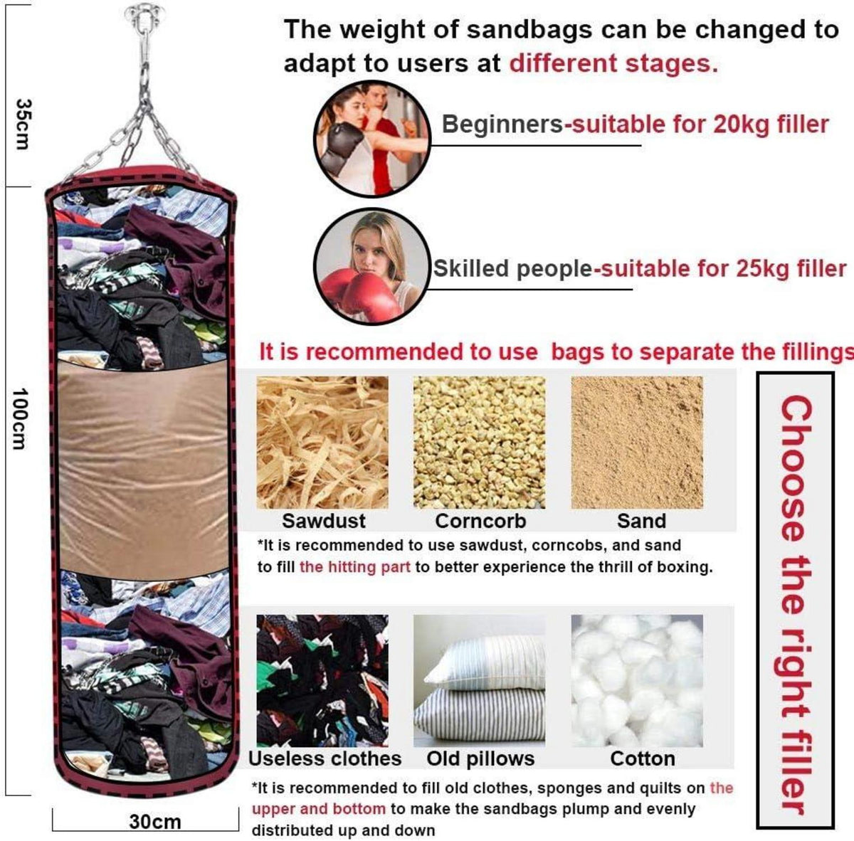 Boxsack Hängend für Boxtraining Sandsack Canvas Punching Bag Rot