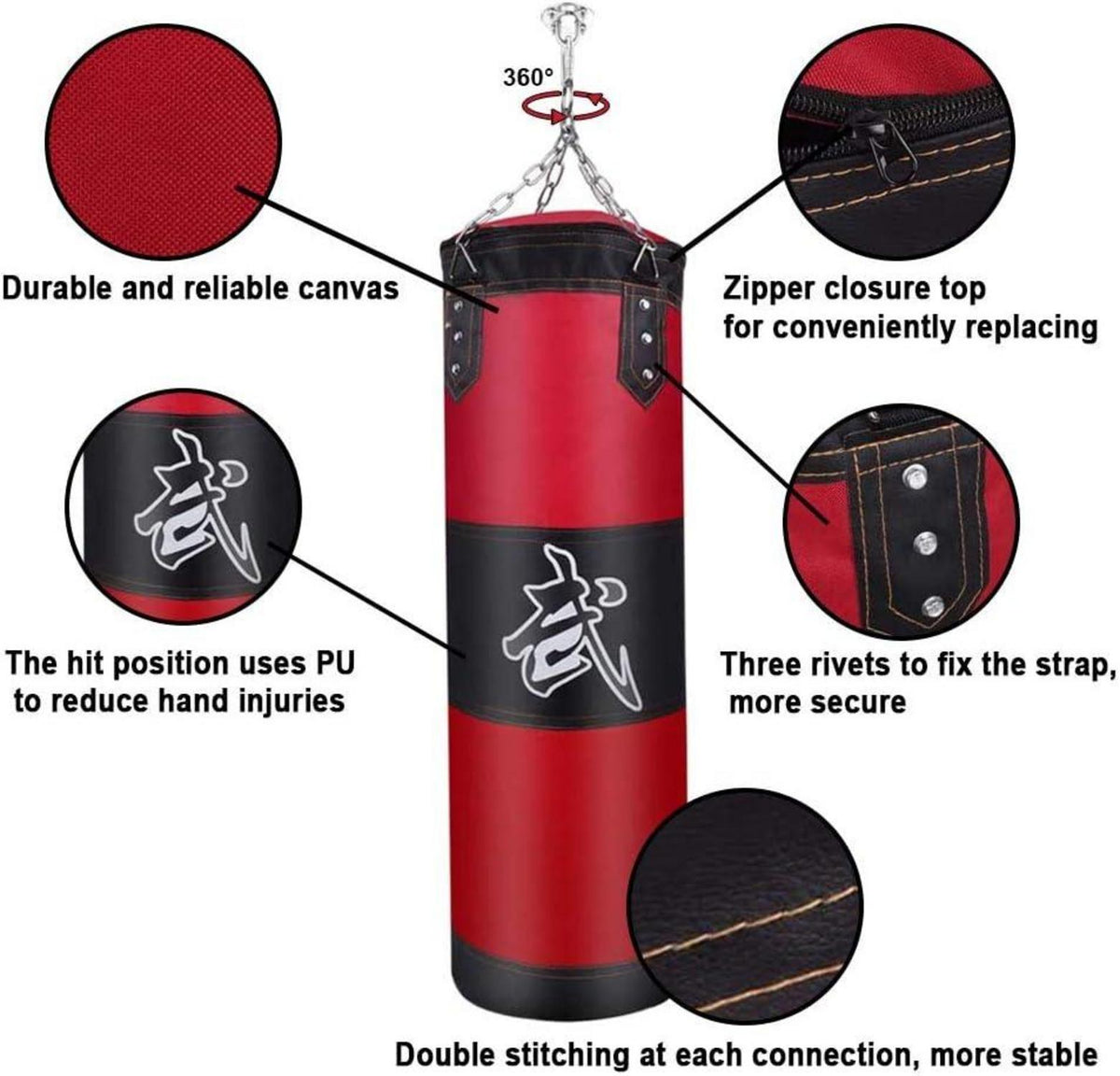 Boxsack für Kinder und Erwachsene | Ungefüllter Hängender Boxsack | 100x30cm | Kampfsport Sandsack | Canvas Punching Bag Rot
