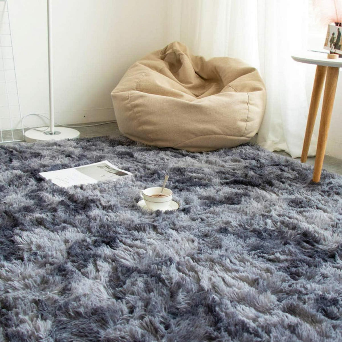 Weicher Shaggy Teppich, rutschfest, flauschig, Schwarz Grau 80x120 cm