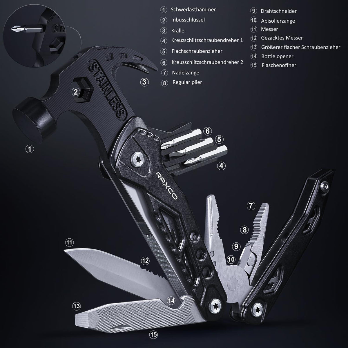 Multitool Hammer 15-in-1 für Camping & Vatertag