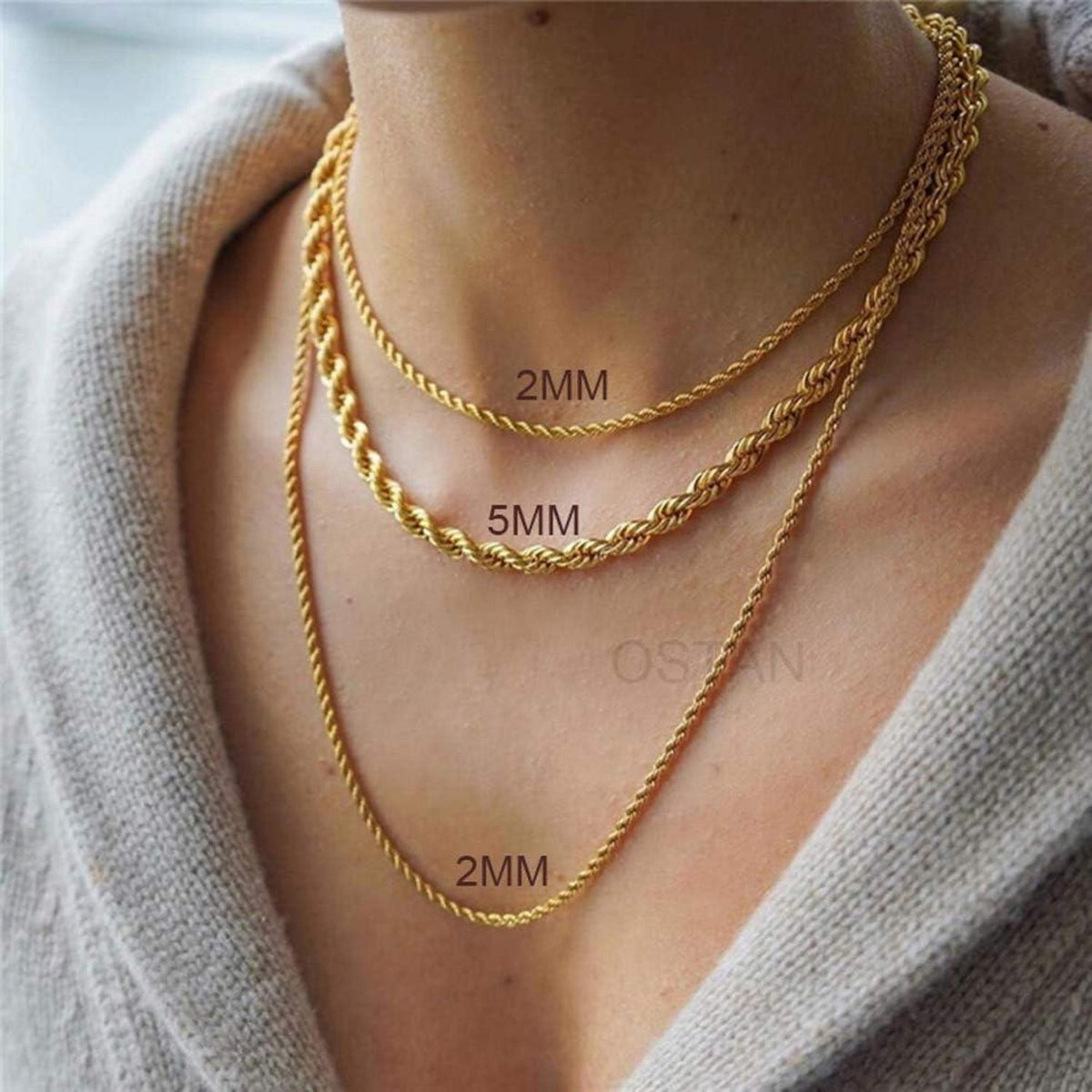 Herren Damen Edelstahl Halskette Verdrehte Seilkette 2-5mm 45-80cm Gold