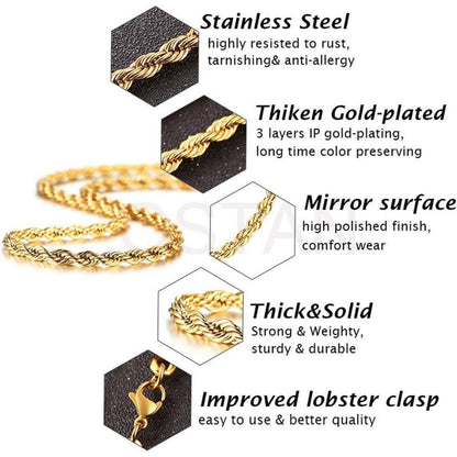 Herren Damen Edelstahl Halskette Verdrehte Seilkette 2-5mm 45-80cm Gold