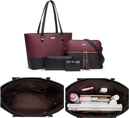 YTL Damen Handtasche Tote Schultertasche Umhängetasche 4-teiliges Set Schwarz-wein