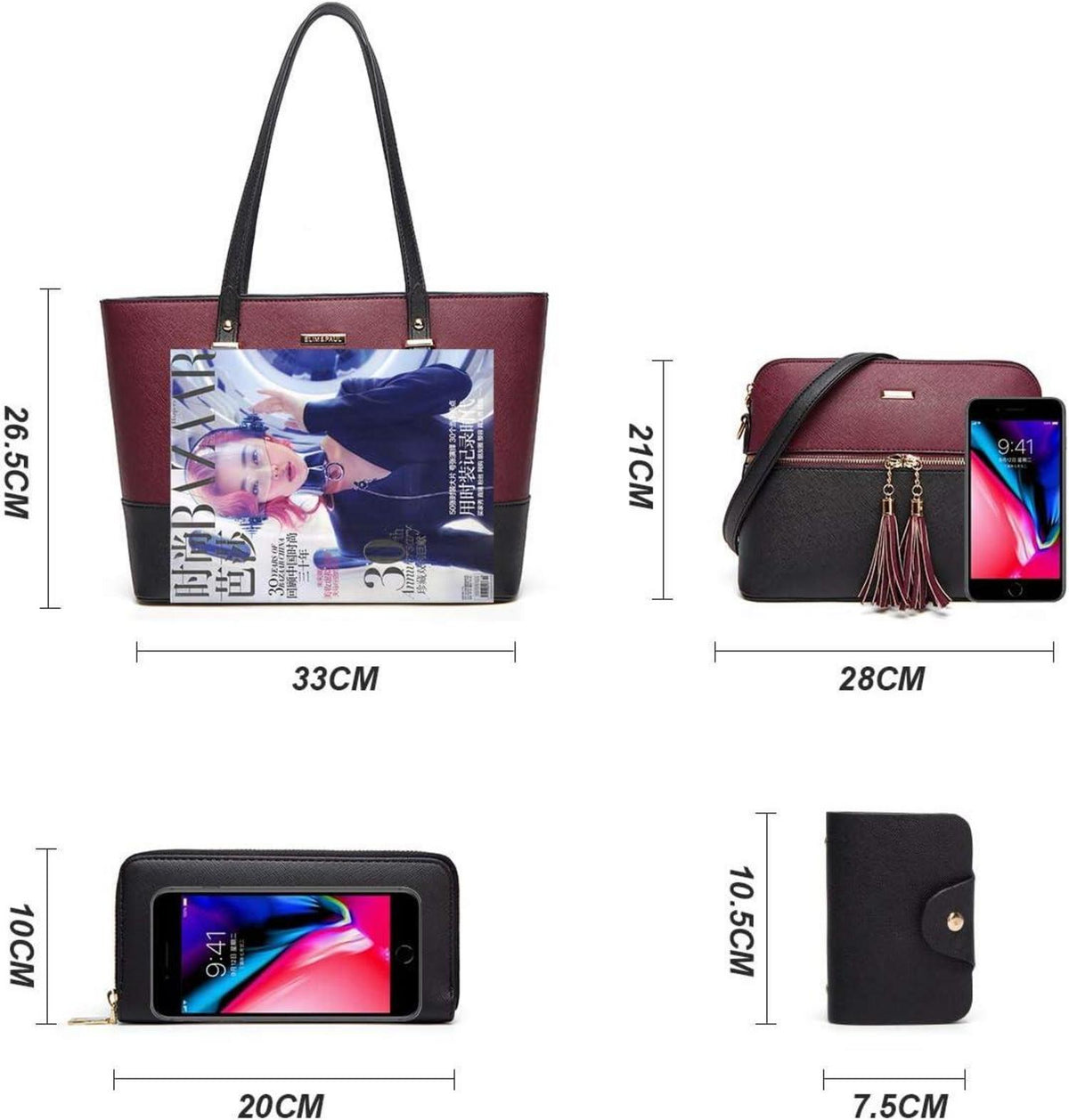 YTL Damen Handtasche Tote Schultertasche Umhängetasche 4-teilig Set Schwarz
