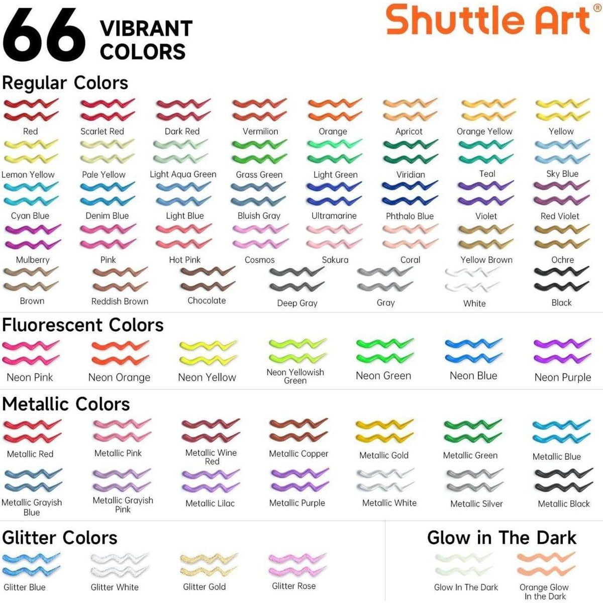 3D Textilfarben Set, 66 Farben, Waschfest, Metallic, Neon, Glitzer
