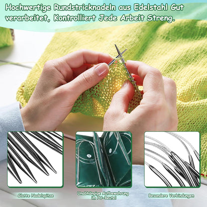 Rundstricknadeln Set 11 Stück Edelstahl Strickzubehör Etui 60 cm