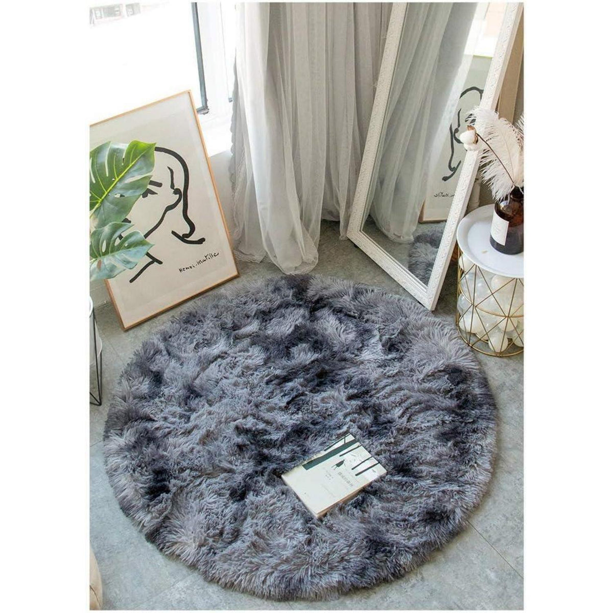 Flauschiger Teppich Rund Hochflor Rutschfest Ultra Weich Schwarz Grau 100cm
