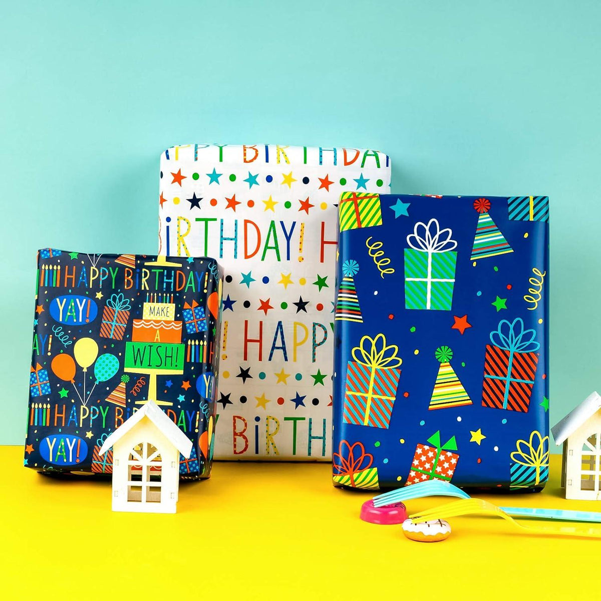 RUSPEPA Geschenkpapierrolle 3 Geburtstagsdesigns 43.2x305cm