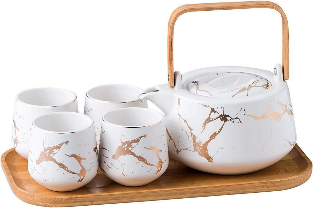Japanisches Keramik Teeset mit Teekanne, 4 Bechern und Holztablett
