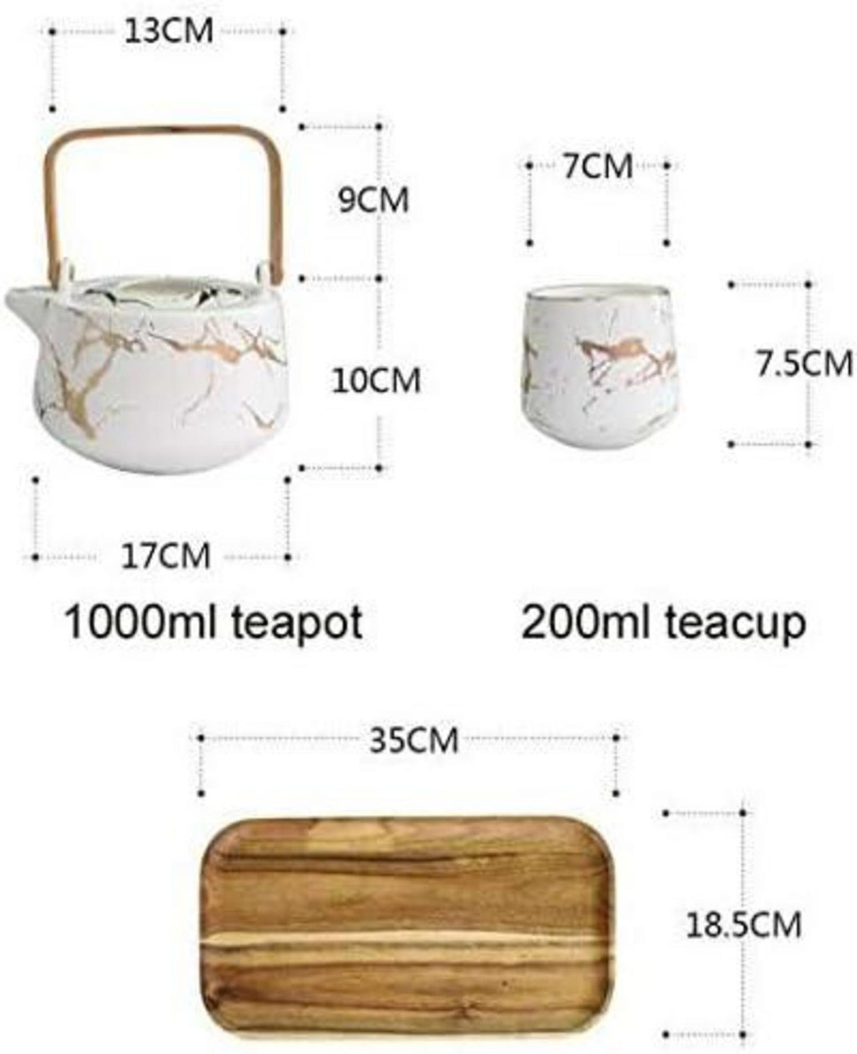 Japanisches Keramik Teeset mit Teekanne, 4 Bechern und Holztablett