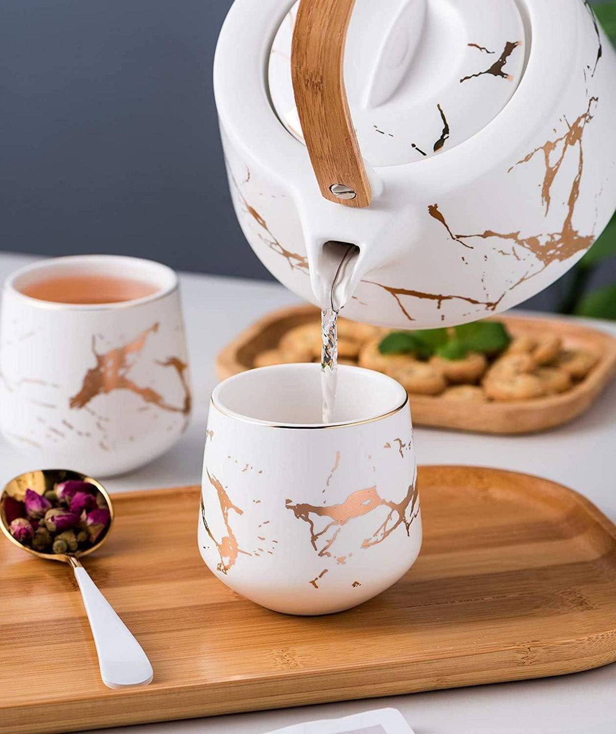 Japanisches Keramik Teeset mit Teekanne, 4 Teetassen & Holztablett