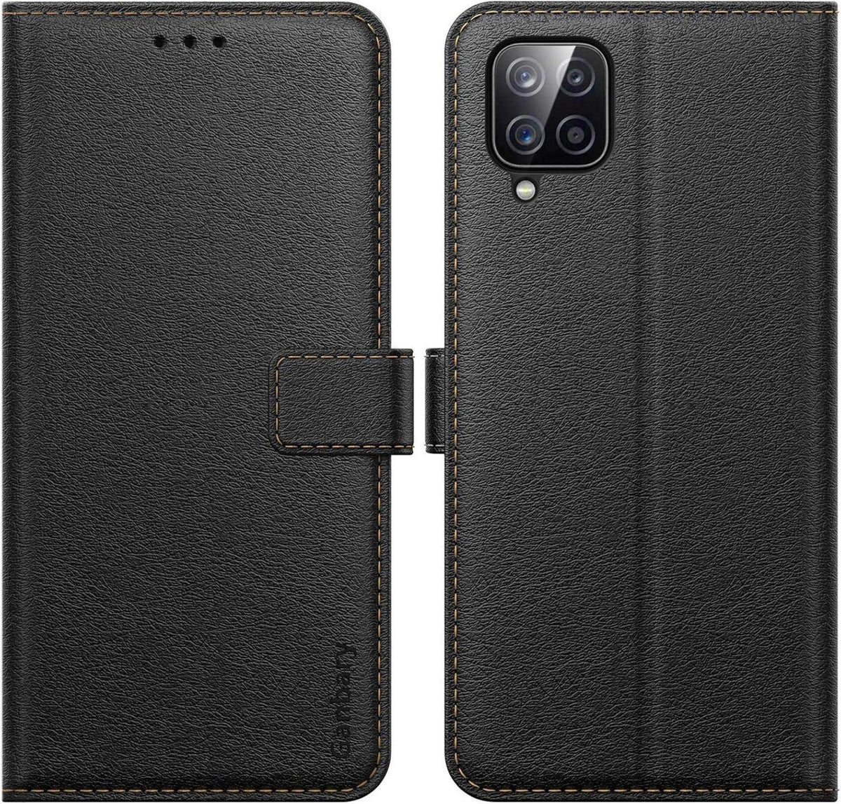 Samsung Galaxy A12/M12 Handyhülle Schwarz Leder Flipcase mit Kartenschlitzen Magnetverschluss Standfunktion