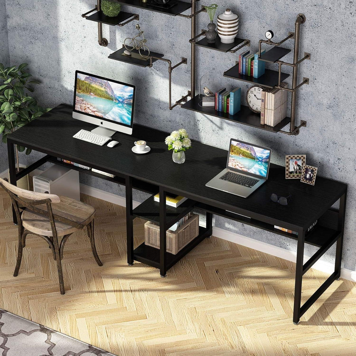 Doppelter Schreibtisch 200cm – Rustikaler Home Office Arbeitstisch