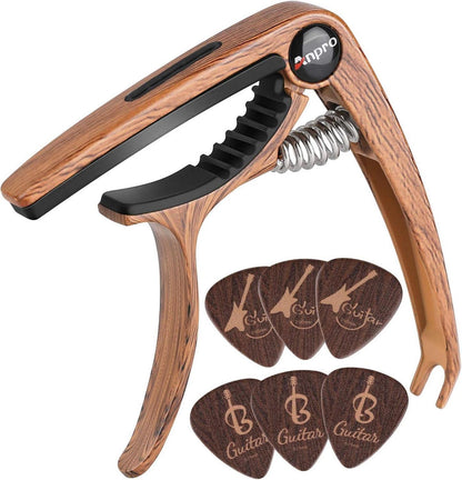 Kapodaster Gitarre Capo mit 6 Plektrum Picks Holzfarbe