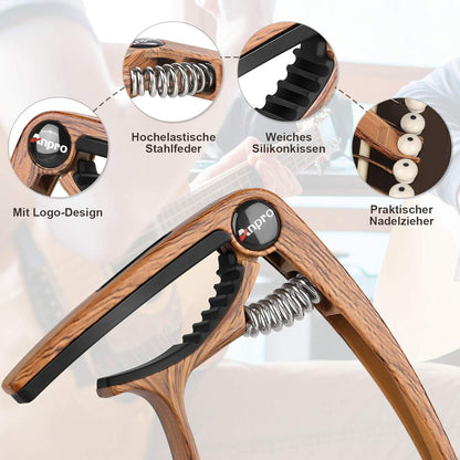 Kapodaster Gitarre Capo mit 6 Plektrum Picks Holzfarbe