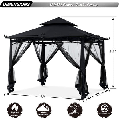 Gartenpavillon 2,5x2,5m mit Netz und Doppeldach, Schwarz